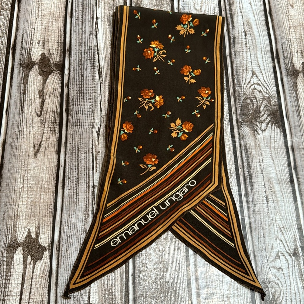 Emanuel Ungaro Silk Vintage Brown Flowers Stripes Lovely 60’s 70’s Skinny Scarf - Picture 3 of 13